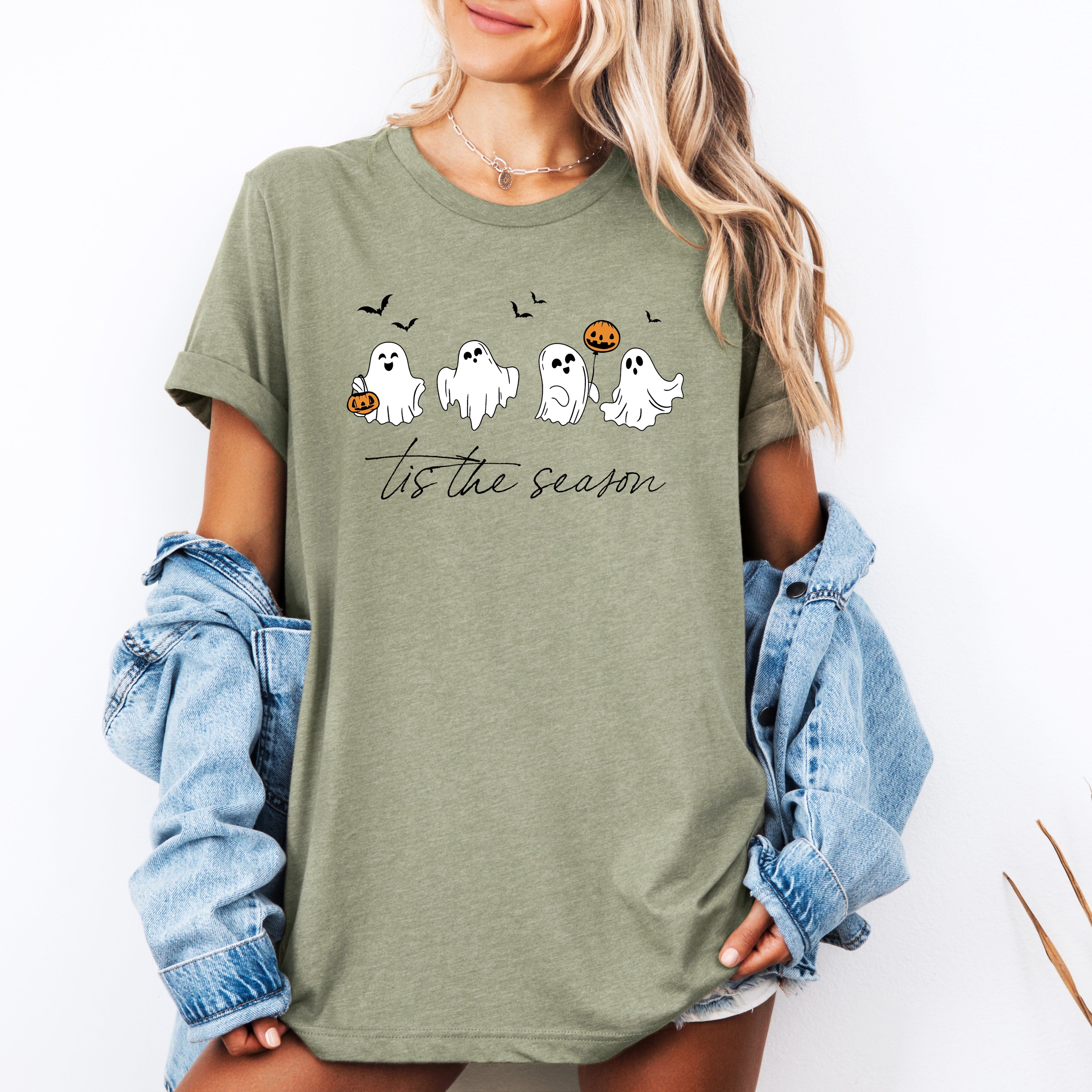 Tis The Season, Cute Ghosts, Halloween Night Parade With Spooky Fun Faces Graphic Tee